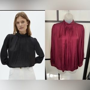 NWT Massimo Dutti Mock Neck Pleated Blouse Satin Small Burgundy Red